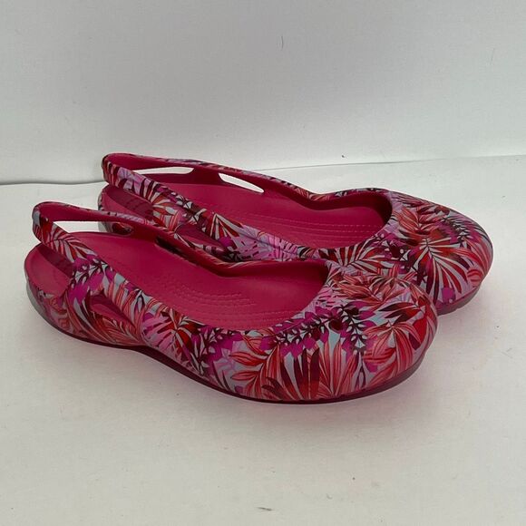 Crocs Women's Pink Floral Tropical Comfort Slip On Slingback Ballet Flats Size 8 - Picture 1 of 11